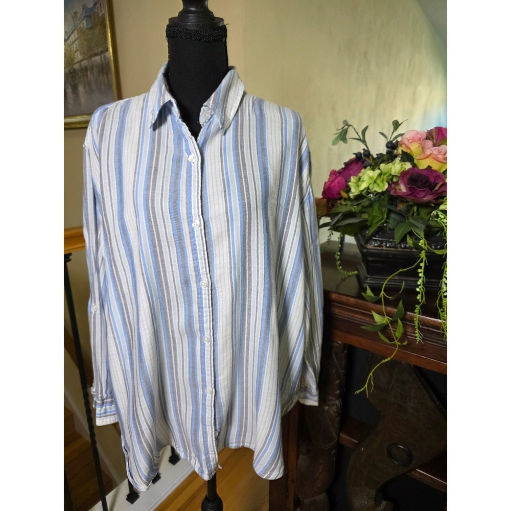 Gloria Vanderbilt Blue Striped Button Down Shirt Long Sleeve Cotton Blend Large